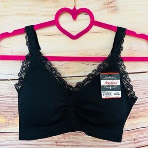 Angelina Black V-Neck Ruched Front Wire Free Lace Trim Bralette Size L/XL NWT